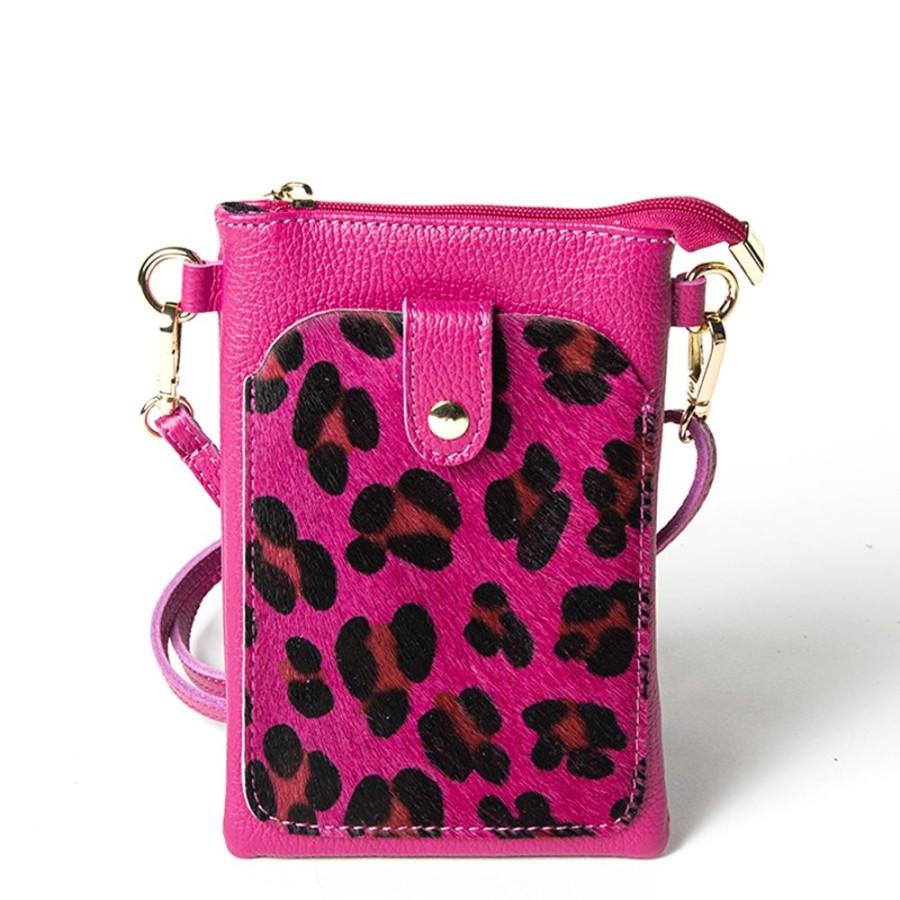 Borse A Spalla Laura Di Maggio | Tiny - Porta Cellulare In Pelle Dollaro Con Cavallino Stampa Leopardata Fucsia - Laura Di Maggio