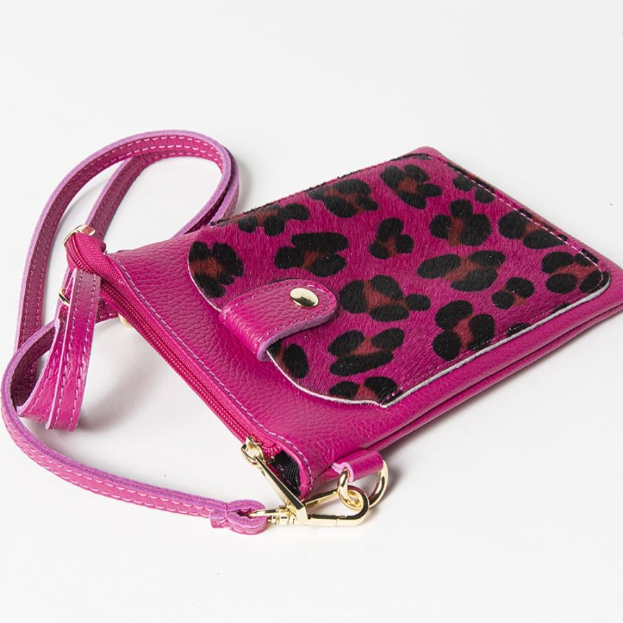 Borse A Spalla Laura Di Maggio | Tiny - Porta Cellulare In Pelle Dollaro Con Cavallino Stampa Leopardata Fucsia - Laura Di Maggio