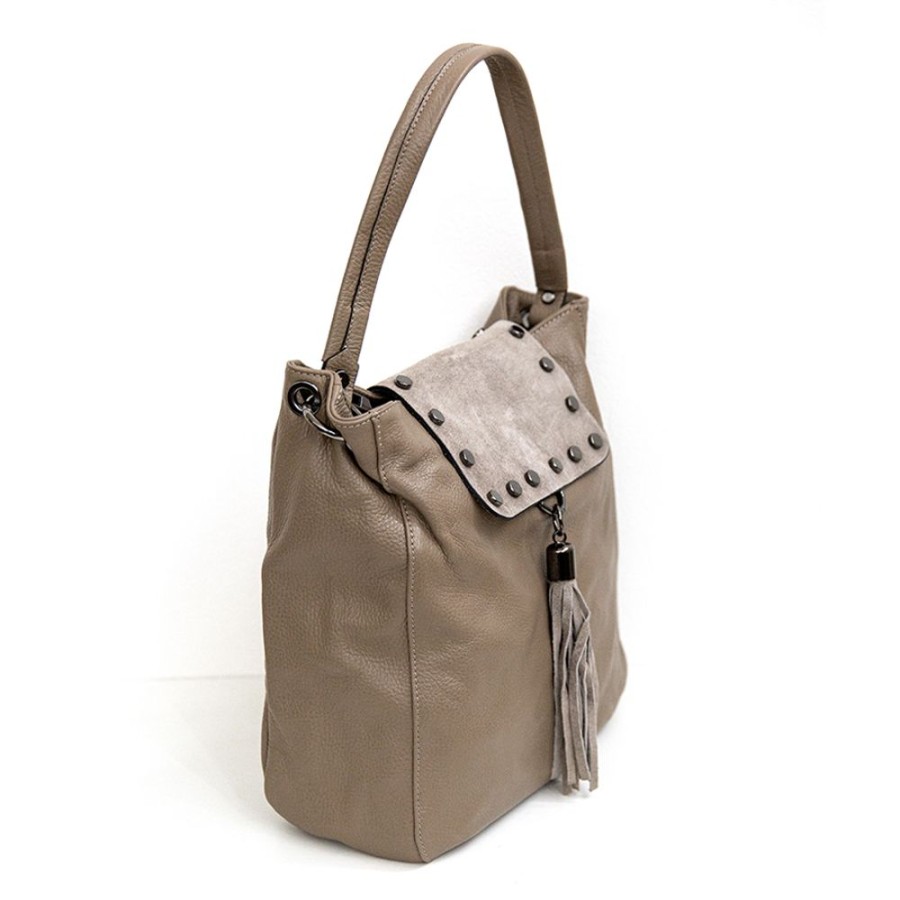 Borse A Spalla Laura Di Maggio | Isidora - Borsa In Pelle Dollaro + Camoscio Taupe - Laura Di Maggio