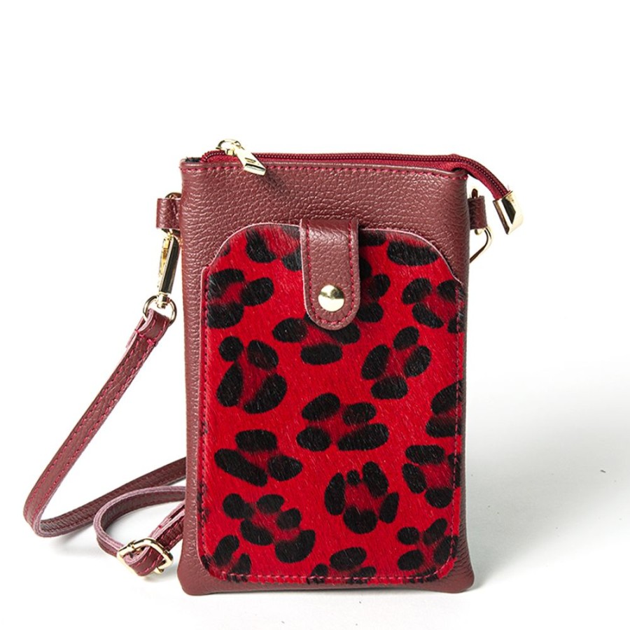 Borse A Spalla Laura Di Maggio | Tiny - Porta Cellulare In Pelle Dollaro Con Cavallino Stampa Leopardata Rosso - Laura Di Maggio