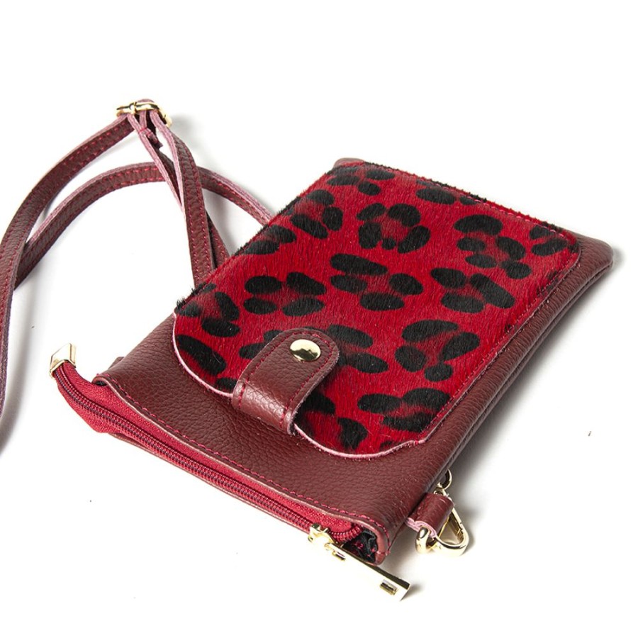 Borse A Spalla Laura Di Maggio | Tiny - Porta Cellulare In Pelle Dollaro Con Cavallino Stampa Leopardata Rosso - Laura Di Maggio