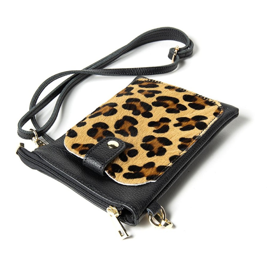 Borse A Spalla Laura Di Maggio | Tiny - Porta Cellulare In Pelle Dollaro Con Cavallino Stampa Leopardata Nero - Laura Di Maggio