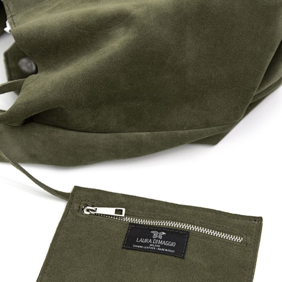 Borse A Spalla Laura Di Maggio | Le Sac - Sacca In Pelle Camoscio Verde Militare - Laura Di Maggio